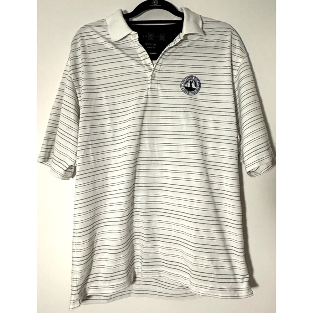 Nike Golf Polo Shirt Mens L White Striped Dri Fit Unique Celebration Golf Club